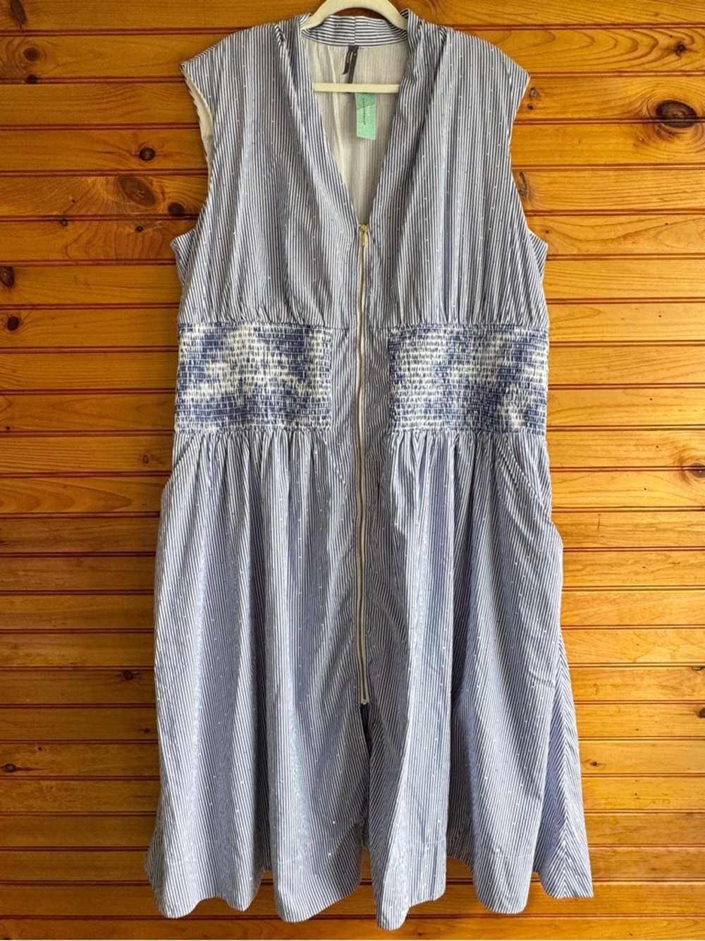 Anthropologie Tommie Shirt Dress 3X Blue Stripe Smocked Zip Front Beaded NWT